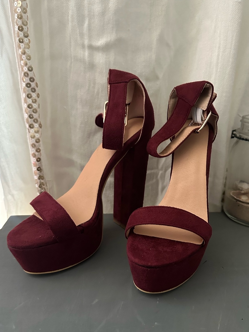 Beautiful Platform Block Heel Sandals in Burgundy with Ankle Strap